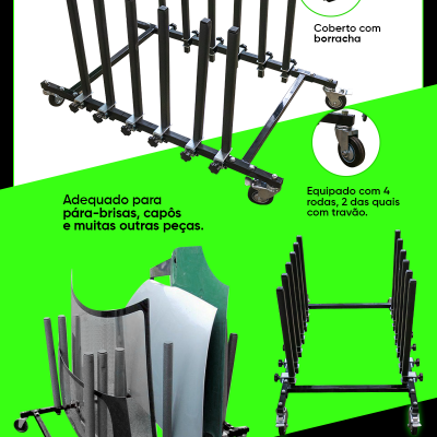 Estrutura preta com 5 compartimentos e rodas para organização de peças automóveis