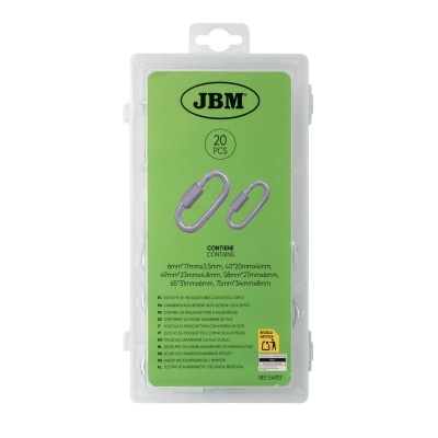 Embalagem de mosquetões metálicos com rosca da marca JBM, 20 peças, cartão verde, plástico transparente.