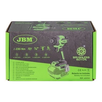 Caixa de chave de impacto JBM preta e verde com especificações técnicas