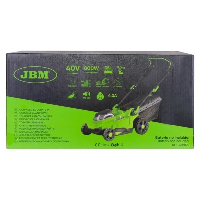 Caixa de embalagem preta e verde de cortador de relva JBM com texto informativo