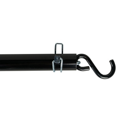 Barra preta metálica com gancho e suporte prateado em fundo branco