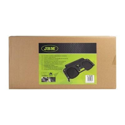 Caixa de cartão castanha com etiqueta verde e preta da marca JBM e imagem de uma peça automóvel preta.