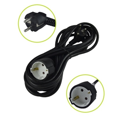 Extensão elétrica preta com fichas macho e fêmea de padrão europeu