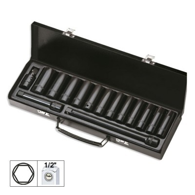 Conjunto de soquetes hexagonais pretos em caixa de metal preta com fechos e alça