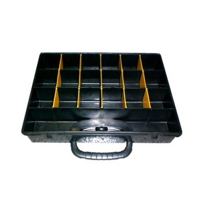 Caixa organizadora preta em plástico com divisórias amarelas e pega preta