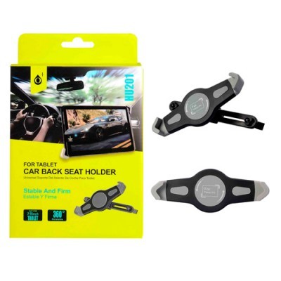 Suporte para tablet de carro preto e cinza com embalagem amarela