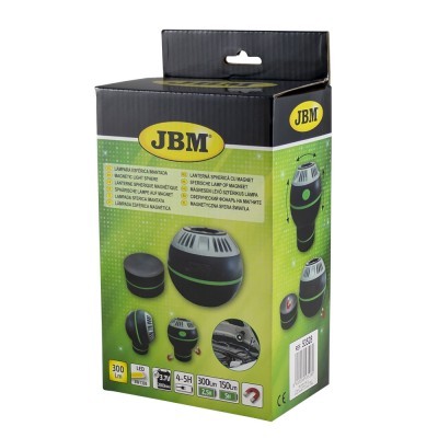 Embalagem verde e preta do produto JBM Lâmpada Superfície Magnética com imagens e texto descritivo.