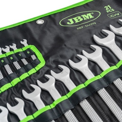 Conjunto de 21 chaves inglesas em estojo de tecido preto e verde com texto JBM REF. 54079 e 21 PCS CN