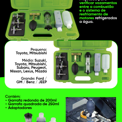 Conjunto ferramenta verde para testar vazamentos com adaptadores metálicos, duas garrafas plásticas, bomba de borracha e cilindro de vidro.