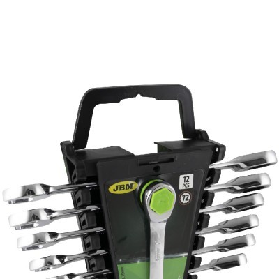 Conjunto de 12 chaves combinadas metálicas cromadas em suporte preto com etiqueta