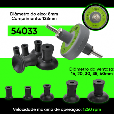 Conjunto de ventosas para máquina com diferentes tamanhos e especificações técnicas em fundo preto e verde.