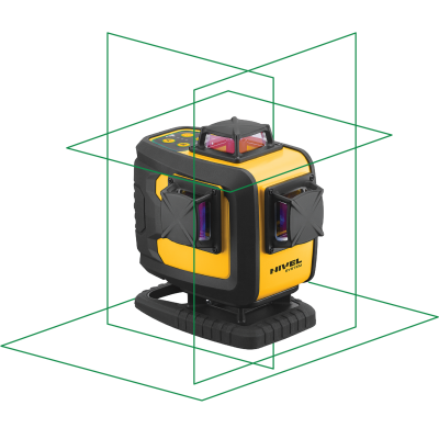 Nível laser amarelo e preto com linhas verdes em fundo branco