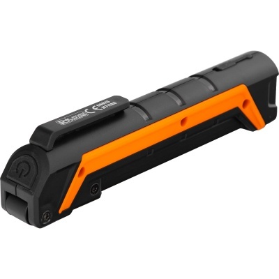 Lanterna portátil preta e laranja com botão de ligar e etiqueta