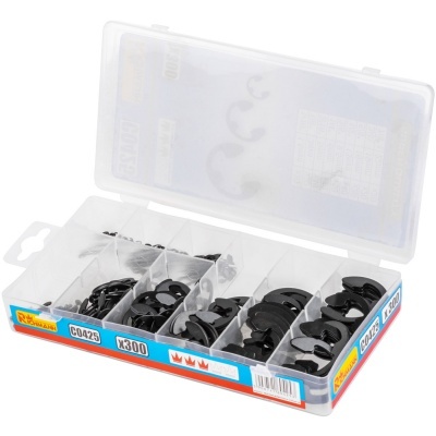 Caixa transparente com divisórias e grampos pretos organizados