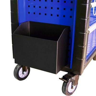 Carrinho de ferramentas azul e preto com caixa de armazenamento e rodas