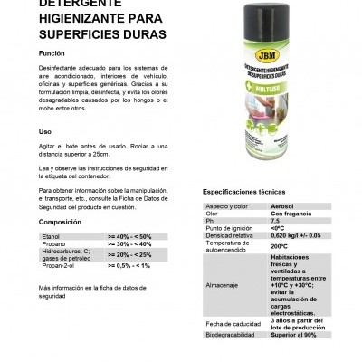 Ficha técnica de detergente higienizante para superfícies duras JBM em spray com tampa preta.