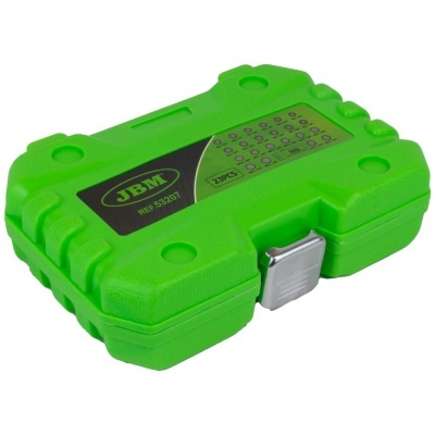 Caixa de ferramentas verde com fecho metálico, etiqueta preta JBM REF 55307