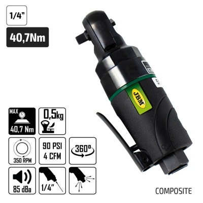 Ferramenta pneumática preta JBM com especificações técnicas em fundo branco