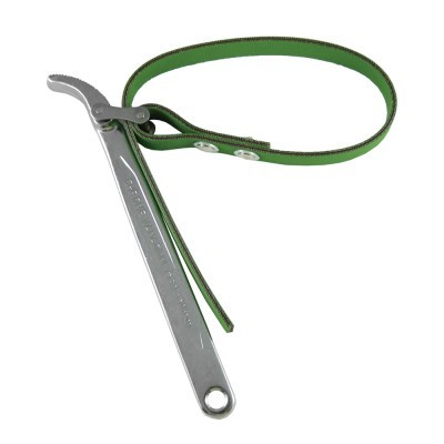 Ferramenta metálica com alça verde para desapertar filtros