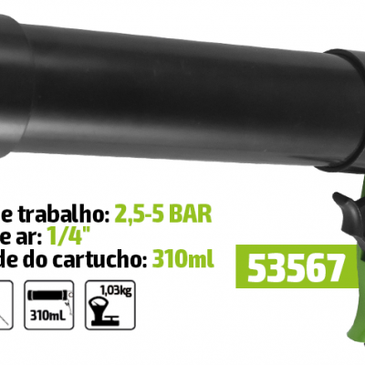 Pistola de tinta preta e verde com texto técnico em português