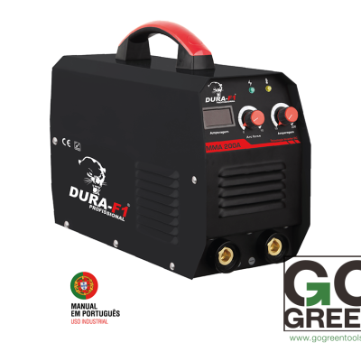 Máquina de soldar preta com detalhes vermelhos e textos DURA-F1 e SMA 200A