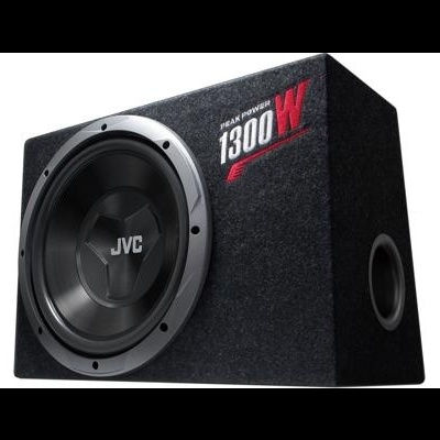 Subwoofer JVC preto com texto PEAK POWER 1300 W