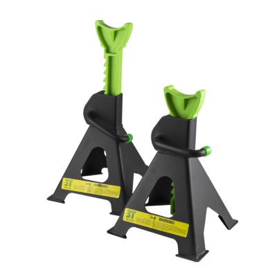 Par de suportes de elevador automóvel metálicos pretos com apoios verdes ajustáveis