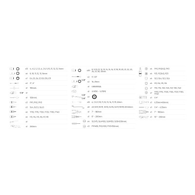 Tabela com descrição detalhada de ferramentas e acessórios com medidas e quantidades
