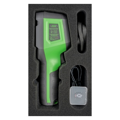 Termómetro digital JBM verde e preto dentro de estojo preto com espuma