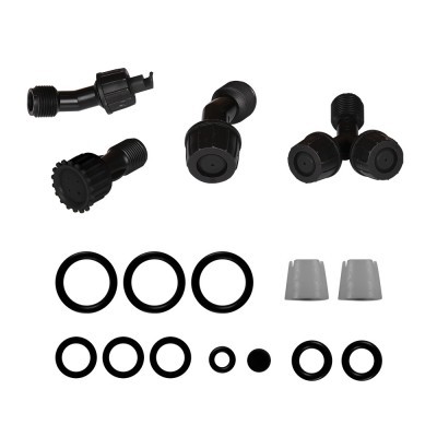 Peças de plástico preto e anéis de borracha para sistema de rega