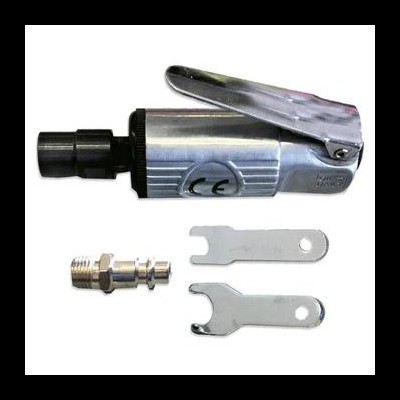 Mini esmerilhadora pneumática metálica prateada com punho preto e acessórios metálicos