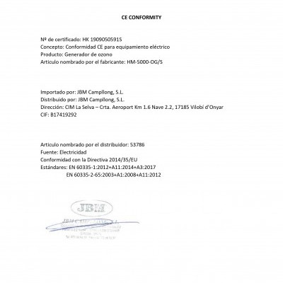 Documento de conformidade CE para gerador de ozono