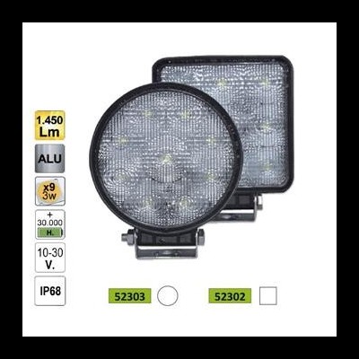 Dois faróis LED, redondo e quadrado, com lentes texturizadas e estrutura preta