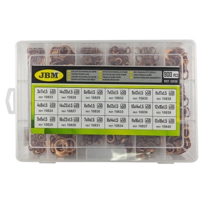 Caixa transparente com juntas planas de cobre organizadas por tamanho