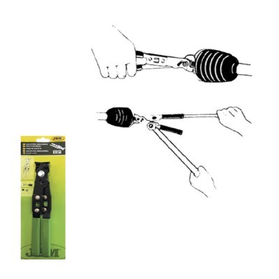 Alicate prendedor verde e preto embalado e desenhos de uso