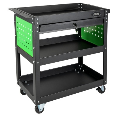 Carrinho de ferramentas preto com laterais verdes, três prateleiras e gaveta com fechadura.