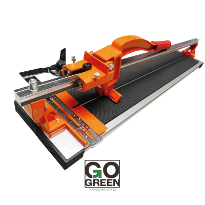 Cortadora de placas laranja com base preta e régua de medição