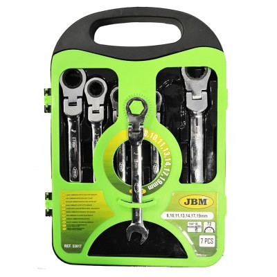 conjunto de 7 chaves de caixa em caixa plástica verde e preta com texto JBM