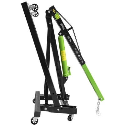 Grua hidráulica preta e verde para automóveis com rodas e alavanca