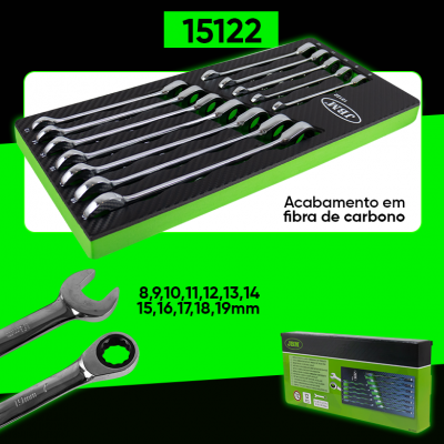 Conjunto de chaves de boca e estrela com acabamento em fibra de carbono e embalagem
