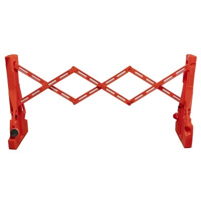 Barreira extensível vermelha de plástico com estrutura articulada em losangos