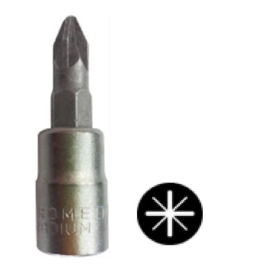 Chave de fendas de metal com ponta cruzada e símbolo preto com asterisco branco