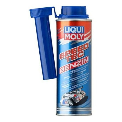 Frasco azul e vermelho de produto LIQUI MOLY SPEED TEC BENZIN com tampa e bocal azul