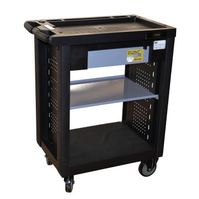 Carrinho de utilidades preto com duas prateleiras cinzentas e rodas