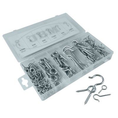 Conjunto de parafusos metálicos com olhal e ganchos em caixa plástica