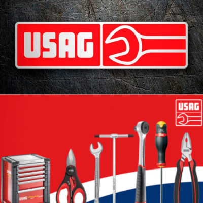 Conjunto de ferramentas com logo USAG em fundo vermelho, branco e azul.