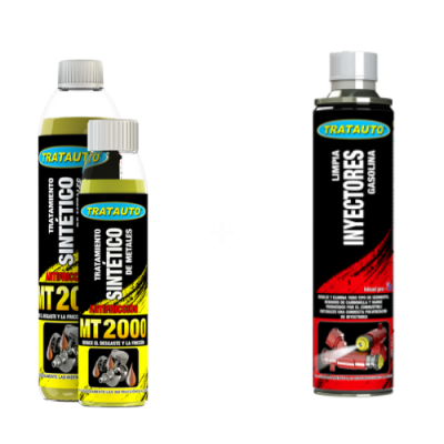 Produtos TRATAUTO de tratamento sintético MT 2000 e limpa injectores gasolina em embalagens plásticas.