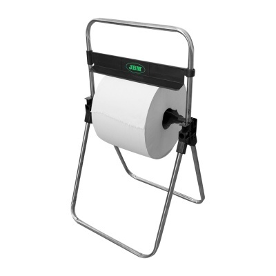 Suporte metálico para rolo de papel branco com barra preta e logotipo JBM