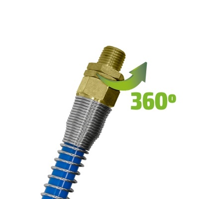 Mangueira flexível azul com conector metálico e indicação 360 graus