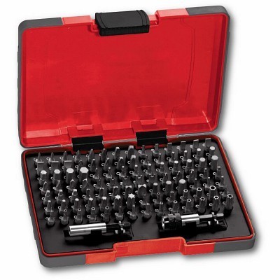 Conjunto de bits metálicos num estojo vermelho preto